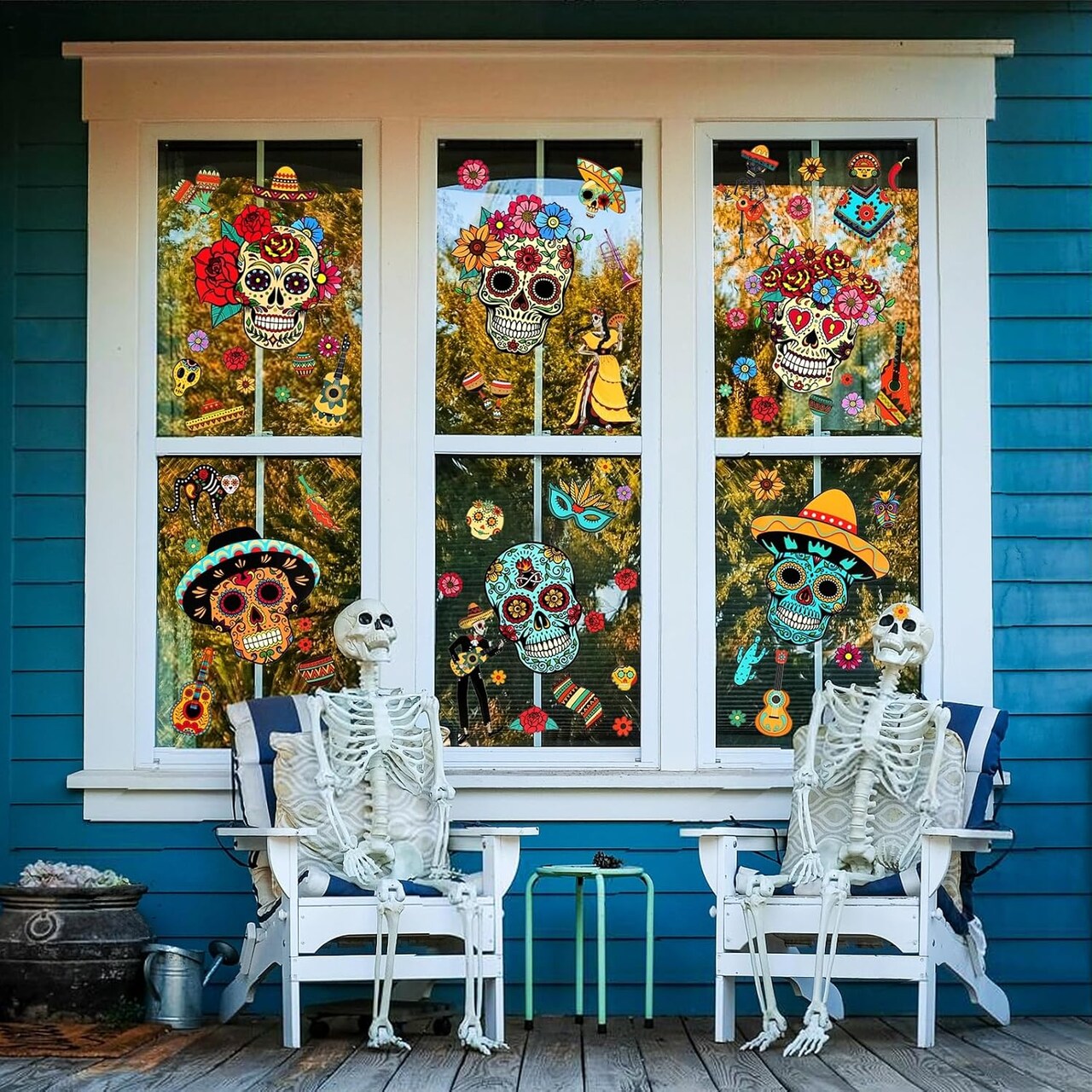 9 Sheets Mexican Day of The Dead Window Clings Dia de Los Muertos Window Decals Sugar Skull Window Clings for Halloween Day of The Dead Party Decorations